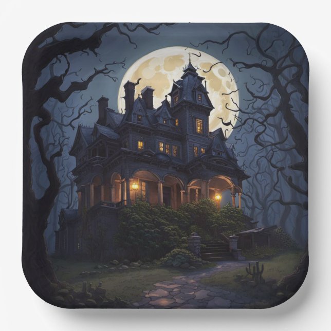 Assiettes En Carton Maison hantée de fête d'Halloween (Recto)