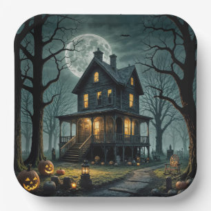 Assiettes En Carton Maison hantée d'Halloween avec des citrouilles-lan