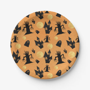 Assiettes En Carton Maison hantée Halloween noir et orange