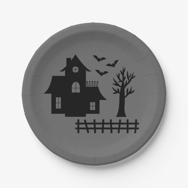 Assiettes En Carton Maison Hantée Simple Silhouette Et Bats Halloween (Devant)