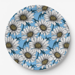 Assiettes En Carton Maisonnettes, fleurs sauvages sur bleu