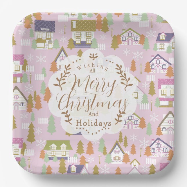 Assiettes En Carton Maisons de Noël rose (Recto)
