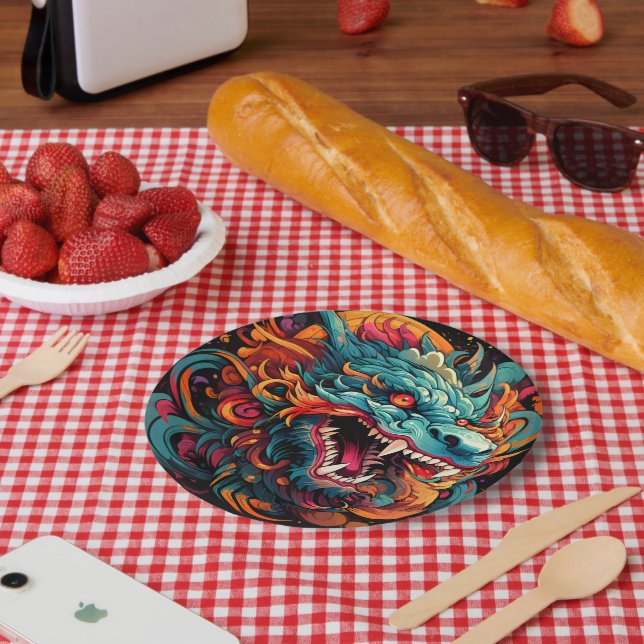Assiettes En Carton Majesté du Dragon Oriental Moderne (Pique-nique)