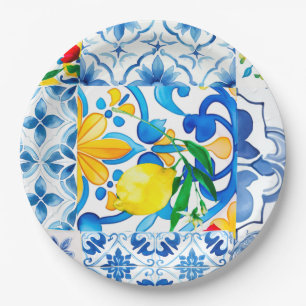 Assiettes En Carton Majolica, citron, carreaux siciliens,
