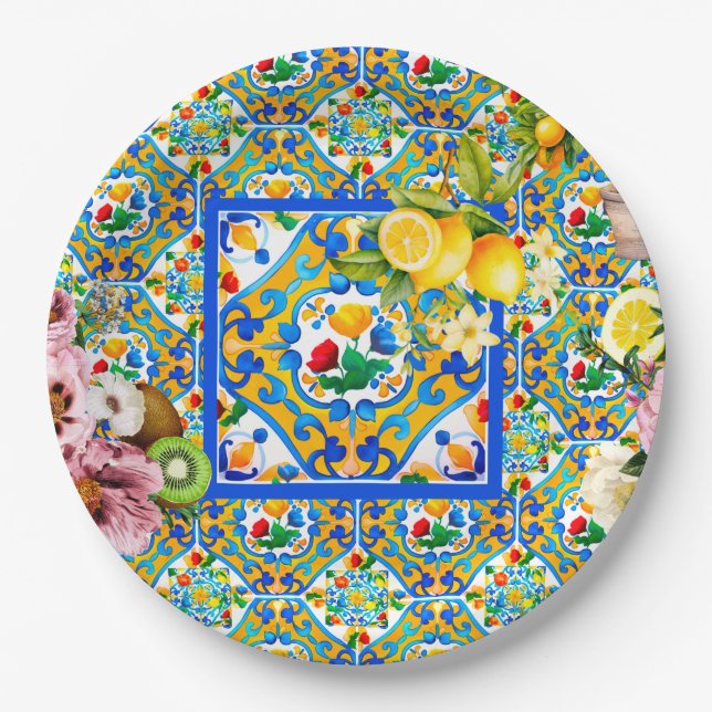 Assiettes En Carton Majolica, citron, carreaux siciliens, (Devant)