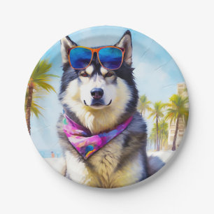 Assiettes En Carton Malamute d'Alaska sur la plage, cadeau d'été