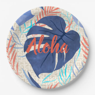 Assiettes En Carton Maleah Monstera Tropical Hawaiian Watercolor- Blue