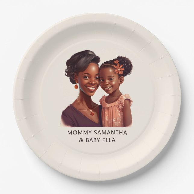 Assiettes En Carton Maman et fille noire personnalisée (10) (Devant)