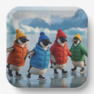 Assiettes En Carton Manchots patinant sur un lac arctique