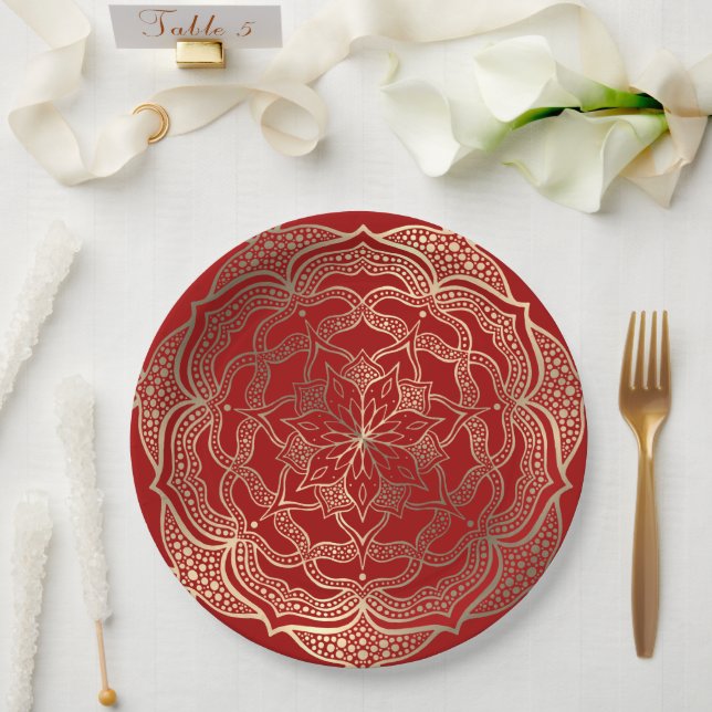 Assiettes En Carton Mandala Art Boho Elegant or foncé rouge Noël (Mariage)