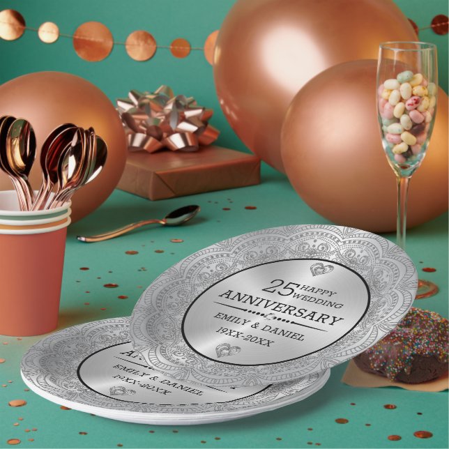 Assiettes En Carton Mandala en argent métallique 25e anniversaire modè (Multi)