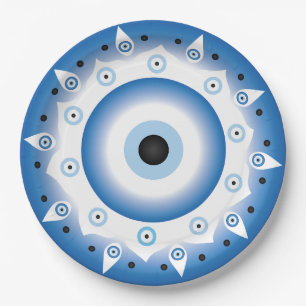 Assiettes En Carton Mandala Grec Mal Oeil Bleu Blanc