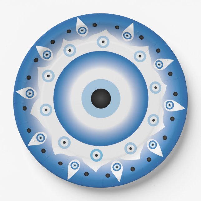 Assiettes En Carton Mandala Grec Mal Oeil Bleu Blanc (Devant)
