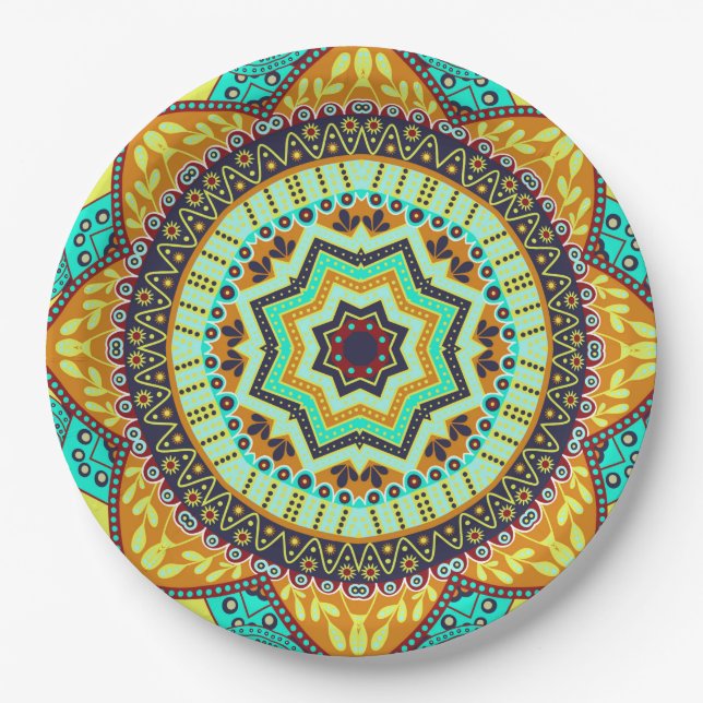 Assiettes En Carton Mandala indienne turquoise (Devant)