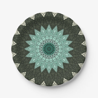 Assiettes En Carton Mandala kaléidoscope en vert et bleu