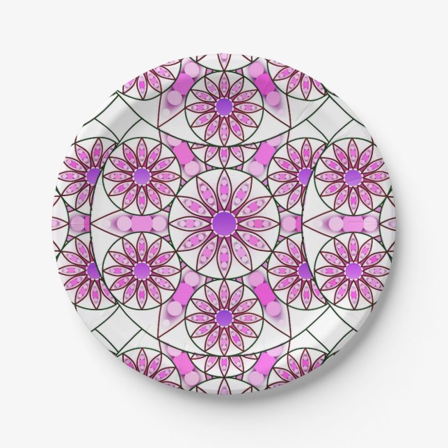Assiettes En Carton Mandala, motif, lavande, rose, rose chaud, blanc (Devant)
