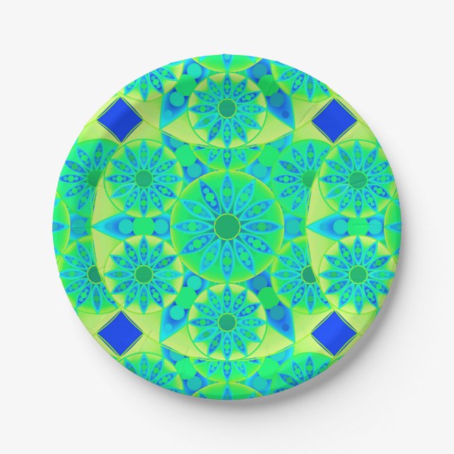 Assiettes En Carton Mandala motif, turquoise, bleue, vert citron (Devant)