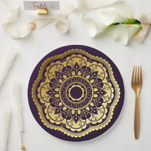 Assiettes En Carton Mandala or et violet
