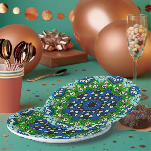 Assiettes En Carton Mandala Retro Mosaic Vert Motif bleu