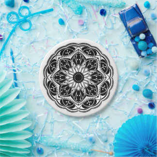 Assiettes En Carton Mandala rond floral noir et blanc