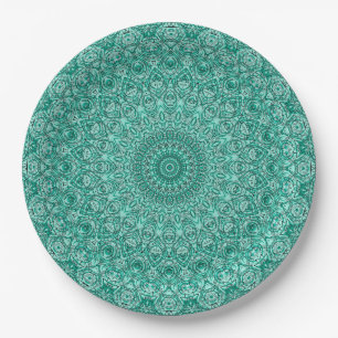 Assiettes En Carton Mandala turquoise à la symétrie complexe