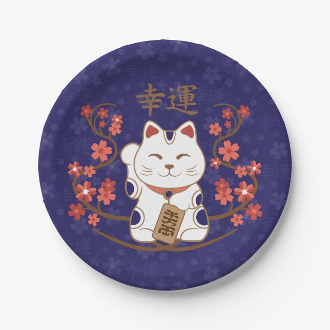 Assiettes En Carton Maneki-neko chat avec un kanji de chance (Devant)