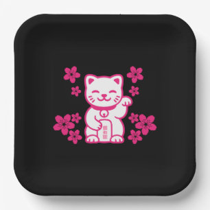 Assiettes En Carton Maneki-neko japonais rose