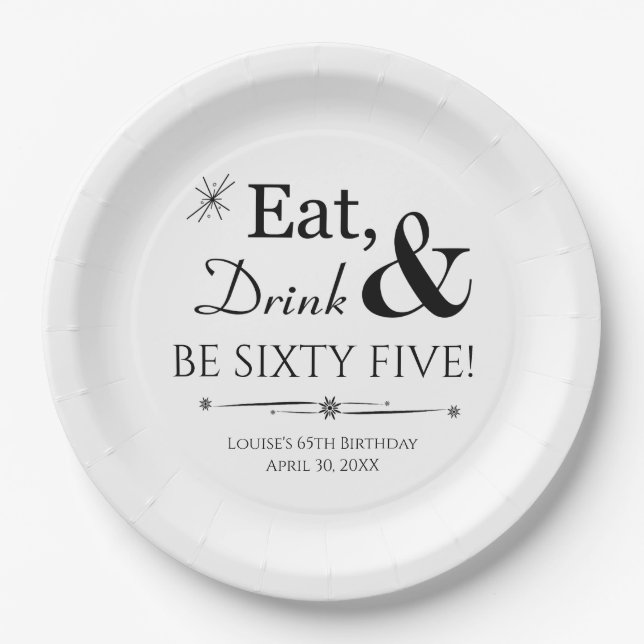 Assiettes En Carton Mangez Boire et Sois Soixante Cinq Retro 65e Anniv (Devant)
