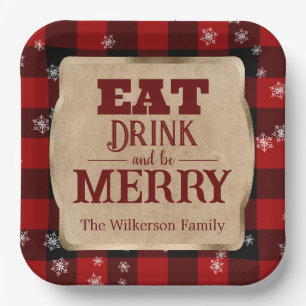 Assiettes En Carton Mangez Boire et Soyez Joyeux Rouge Rustique Plaid