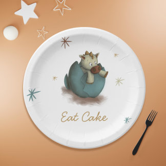 Assiettes En Carton Mangez le gâteau bébé Dinosaure Hatching Neutral P