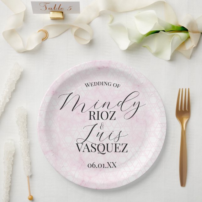 Assiettes En Carton Marble Abstract Pink Wedding Script Black  (Mariage)