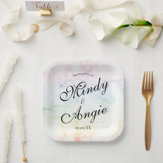 Assiettes En Carton Marble Rainbow Gay Script Wedding (Mariage)