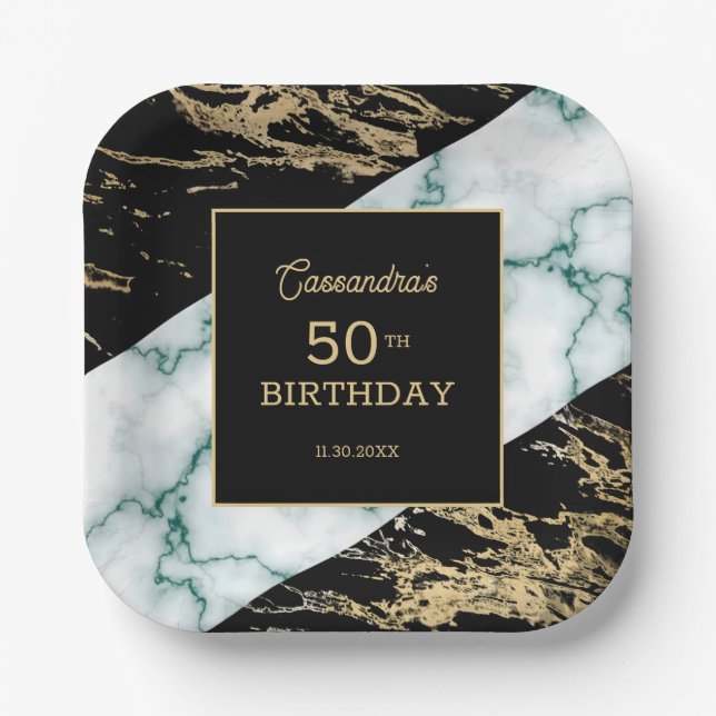Assiettes En Carton Marbre blanc Chic Gold Paint Texture Anniversaire (Recto)