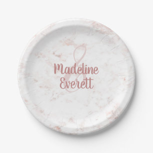 Assiettes En Carton Marbre blanc et Mariage or Rose Monogramme