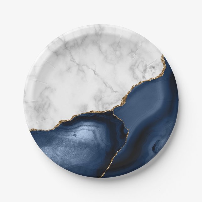 Assiettes En Carton Marbre blanc Gilded Marine Blue Agate (Devant)
