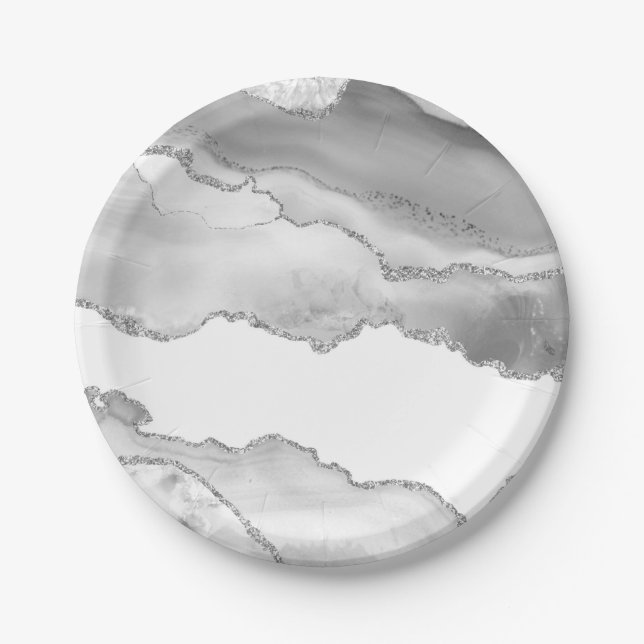 Assiettes En Carton Marbre Blanc Gris Agate Simple Paillettes Argentée (Devant)