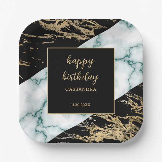 Assiettes En Carton Marbre blanc or Paint Paint Texture Anniversaire (Recto)