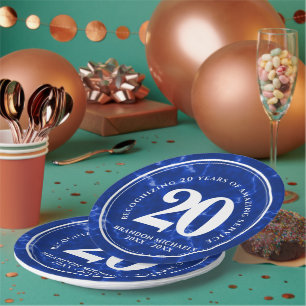 Assiettes En Carton Marbre Bleu Élégant 20 Anniversaire du travail