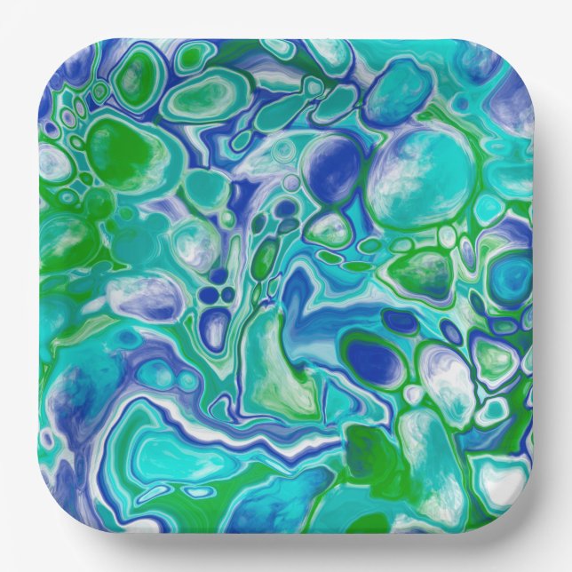Assiettes En Carton Marbre bleu et vert Fluid Art Abstrait (Recto)