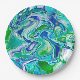 Assiettes En Carton Marbre bleu et vert Fluid Art Abstrait