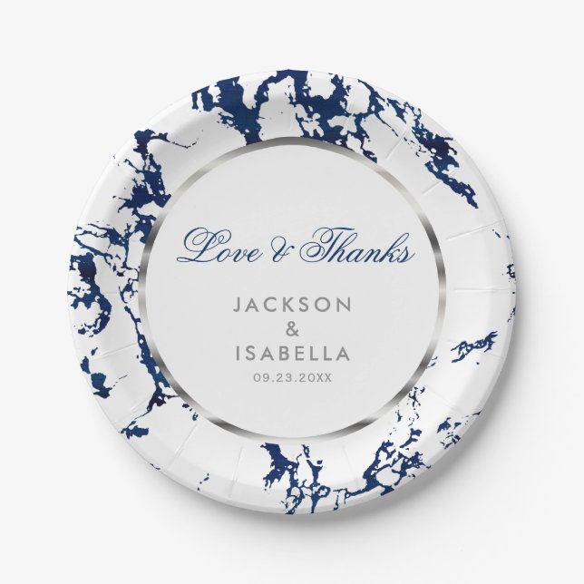 Assiettes En Carton Marbre bleu marine, argent et blanc (Devant)