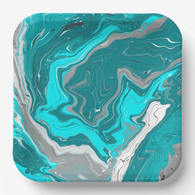 Assiettes En Carton Marbre bleu, Turquoise et turquoise Fluid Art (Recto)