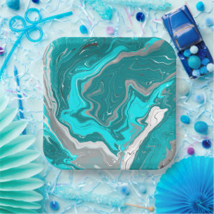 Assiettes En Carton Marbre bleu, Turquoise et turquoise Fluid Art
