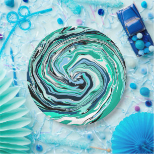 Assiettes En Carton Marbre bleu, Turquoise, turquoise et blanc