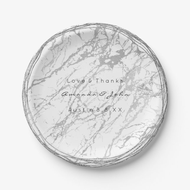 Assiettes En Carton Marbre d'argent gris blanc personnalisé (Devant)