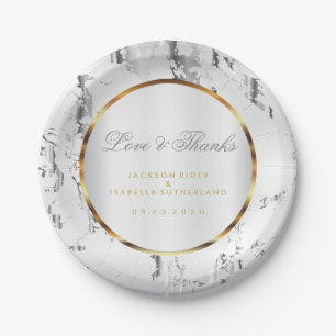 Assiettes En Carton Marbre d'argent, Or et Satin blanc