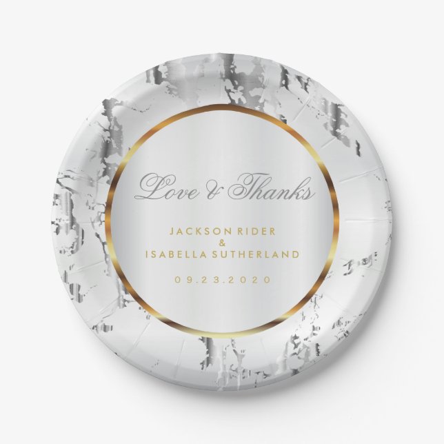 Assiettes En Carton Marbre d'argent, Or et Satin blanc (Devant)