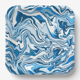 Assiettes En Carton Marbre d'art fluides bleu et blanc