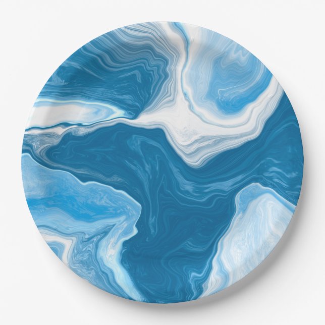 Assiettes En Carton Marbre d'art fluides bleu et blanc (Devant)