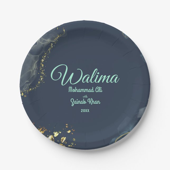 Assiettes En Carton Marbre Dusty Bleu Walima Mariage islamique (Devant)